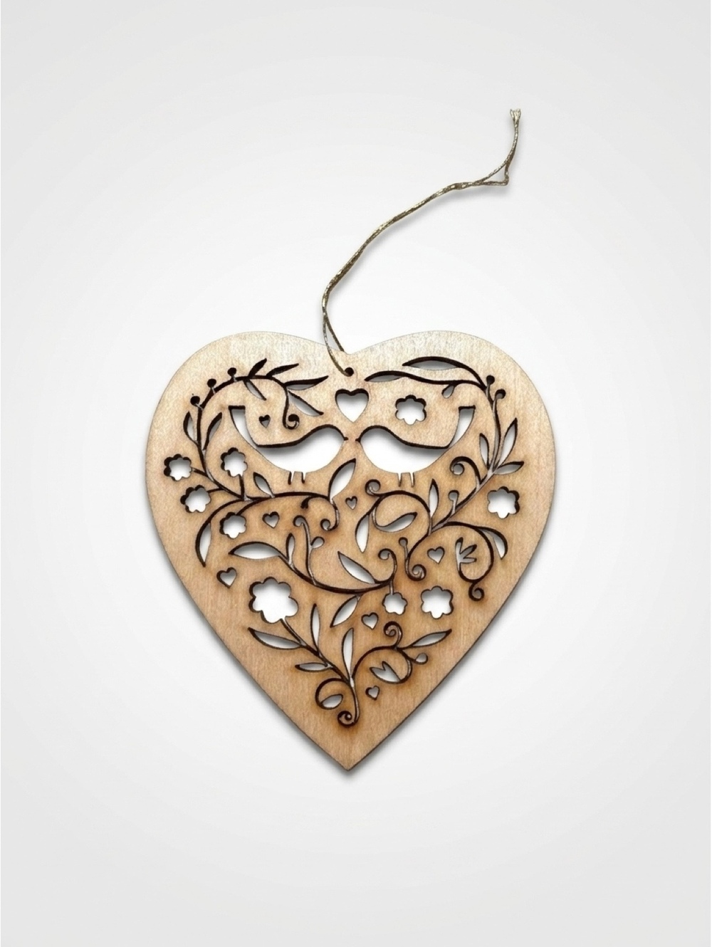 Wooden Heart Ornament with Intricate Bird and Floral Cutouts